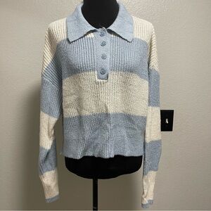 Elodie Blue and White Knit Collared Long Sleeve Sweater MEDIUM